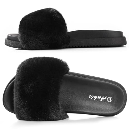 Ankis Black Fur Slides-Cute Chic Versatile Pretty Soft Platform Slides, Open Toe, Non-slip Womens House Fluffy Slippers, Fuzzy Slippers for Women Indoor Outdoor, All Seasons