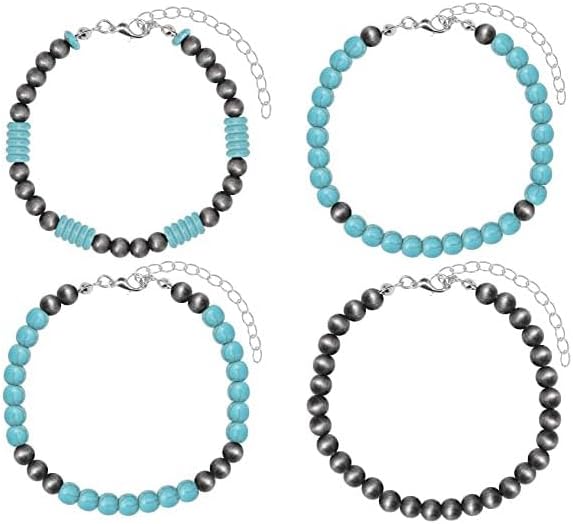 Caiyao 4PCS Navajo Pearl and Turquoise Bracelet Set Bohemian Style Layered Bracelet Set Western Cowgirl Vintage Jewelry-A
