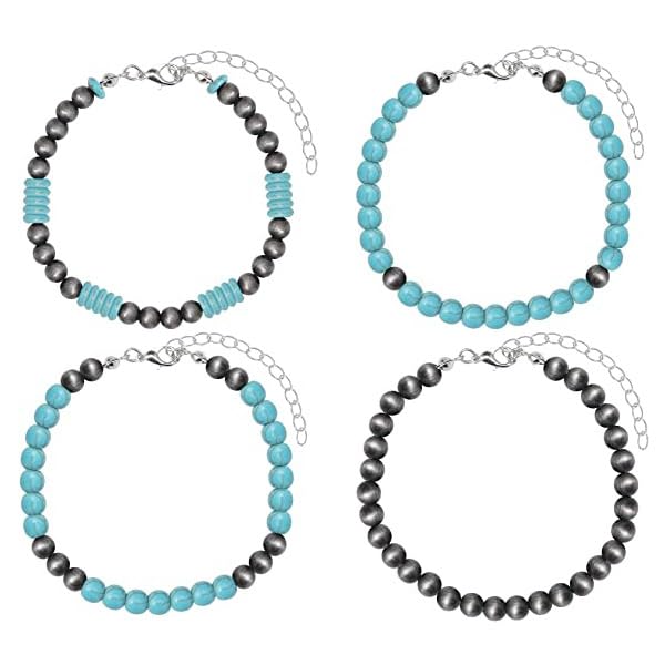 Caiyao 4PCS Navajo Pearl and Turquoise Bracelet Set Bohemian Style Layered Bracelet Set Western Cowgirl Vintage Jewelry-A