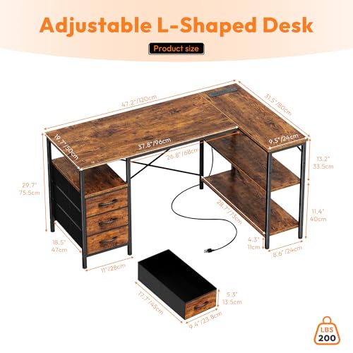 Alpen L Shaped Computer Desk, 47 Inch Corner Desk with Drawers and Power Outlets, Home Office Desk for Gaming, Study Writing PC Table with Storage and Reversible Shelf, Rustic Brown