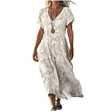 Vestido Largo Mujer de Verano Casual, Vestidos Maxi de Algodón y Lino Manga Corta Cuello en V, Vestidos Boho Chic Elegante Largos Transpirable Tallas Grandes para Playa Vacaciones 2026 (37,M)