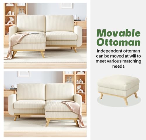 Image of Vesgantti 68 inch Loveseat Sofa with Movable Ottoman, Comfy Corduroy Couch with Spring Cushion, Sofa Couch with Solid Wood, Modern Office Sofa with Deep Seat for Living Room and Bedroom, Beige