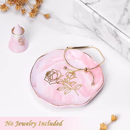 Nefelibata Rose Jewelry Dish Birth Month Gifts For Women Flower Pink Marble Ceramic Trinket Tray With Gold Floral Ring Holder June Engagement Ring Dish Birthstone Birthday Mother's Day Gift For Her #TOP4