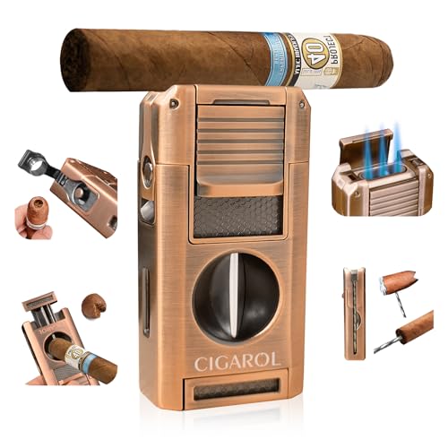 3 Jet Torch Lighter with Cutter - Rechargeable Butane Candle Lighter for Smoking Cigar and Cigarette, Gift Suitable in Brown