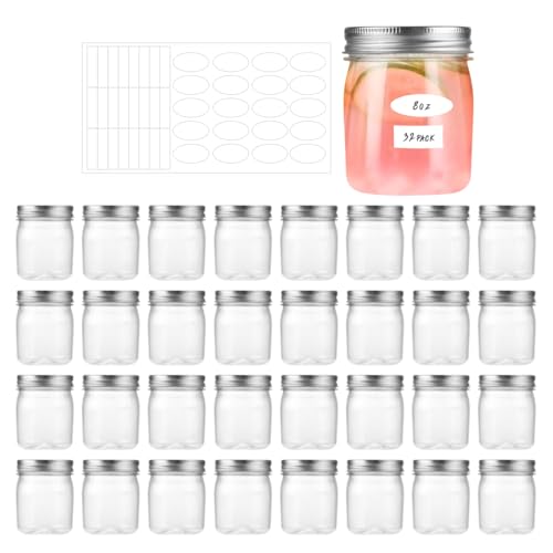Party Club of America 32 Pack 8OZ Sliver Plastic Jars With Screw On Lids，Plastic Mason Jars Food Storage Container For Storing Dry Food, Candy, Cream,Peanut, Butter