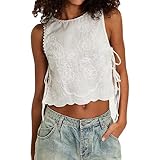 Women Y2k Side Tie Tank Top Lace Up Flower Embroidery Vest Cami Shirts Summer Cute Boho Top (US, Alpha, Small, Regular, Regular, White)