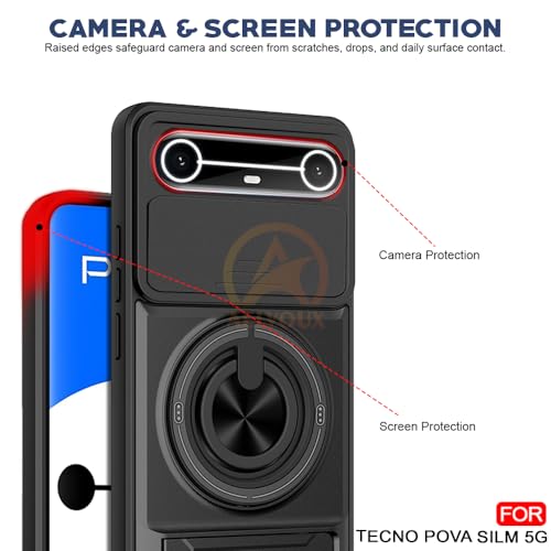 Image of Tecno Pova Slim 5G Back Cover | Armor Camera Slider 360 Degree Rotating Finger Ring Holder Case with Bracket Stand Back Case Cover (Compatible with MagSafe Accessories) (Black)