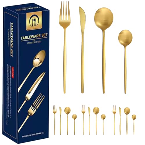 HQILRRA Couverts de table pour 4 personnes, 16 pièces couverts or mat, couverts inox, set couverts de table avec couteau, fourchette, cuillère, Polissage de surface, va au lave-vaisselle