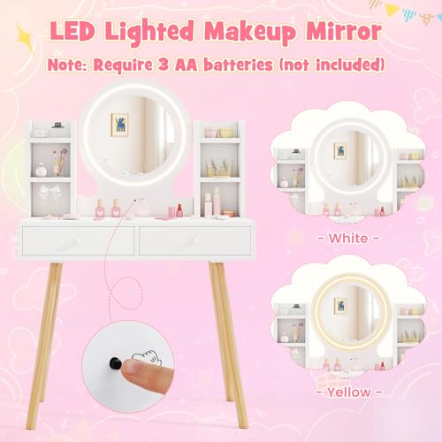 Image of HONEY JOY Kids Vanity, Girls Vanity Set with Mirror and Stool and Lights, Drawers & Storage Shelves, Toddler Makeup Vanity Dressing Table, Pretend Play Kids Vanity Table and Chair Set (White)