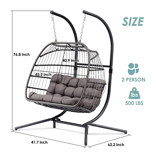 Double Egg Chair with Stand - 2 Person Hanging Egg Chair - Hand Made Rattan Wicker Egg Swing Chair Hammock Chair with UV Resistant Cushion & Aluminum Frame Indoor Outdoor (Dark Grey)