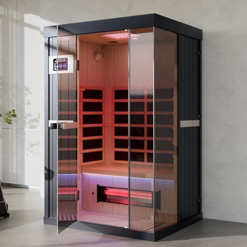 2-Person Full-Spectrum Infrared Sauna for Home - Canadian Hemlock Indoor Sauna with Red Light Therapy, Dual LED Panels, 8 Heaters & 2 Bluetooth Speakers - 1990W/120V
