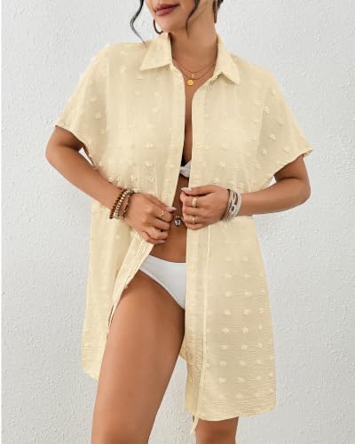 Women's Swiss Dot Short Sleeve Button Down Drawstring Cover Up Shirt Dress — view 3