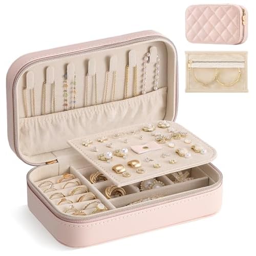 Lolalet Travel Jewelry Case for Women Girls, PU Leather Jewelry Organizer with Clear Storage Bag Small Portable Jewelry Box for Necklace Bracelet Earring Ring Mothers Day Birthday Gifts -Med
