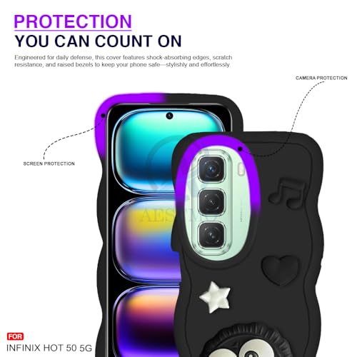 Image of AESTMO Back Case Cover for Infinix Hot 50 5G | 3D Cute Fun Cartoon Characters | Anti Slip Grip Cute Wave Curly Frame Shape | Full Body Protection Back Cover for Infinix Hot 50 5G (Black)