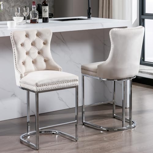 Butacos de altura para barra en terciopelo beige, juego de 4 unidades | Sillas tapizadas modernas para isla de cocina; asiento acolchado; patas metálicas cromadas; respaldo acolchado con botones miniatura 2