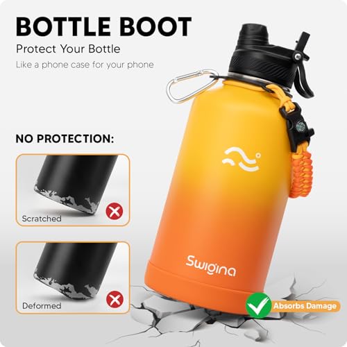 Image of Swigina [2-IN-1 LID] 64 oz Insulated Water Bottle with Silicone Boot (48hrs Cold /24hrs Hot) - DIY Stickers, Leakproof, BPA Free, Half Gallon