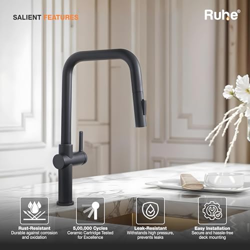 Image of Ruhe Opulo Dual Flow Pull-Out Kitchen Mixer Faucet - Matte Black | 360 Swivel | Hot & Cold Water Faucet | Single Lever Tap | Table Mounted Kitchen Sink Tap