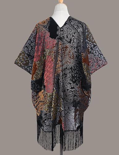 Image of MJ SERECA Women's Burnout Velvet Kimono Cardigan Cover Up with Tassel