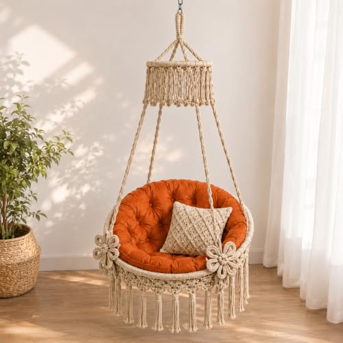 Image of Premium King Size Hammock Chair Swing with Cushion, 200kg Capacity | Indoor Outdoor Heavy Duty Adults & Kids Hanging Jhula for Home, Garden, Patio & Balcony | 1 Year Warranty (Beige)