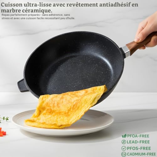GOLDMANN Poêle à frire 24 cm, antiadhésive, en fonte d'aluminium avec couvercle, revêtement effet marbre céramique, compatible induction et tous feux, sans PFOA – vue 3