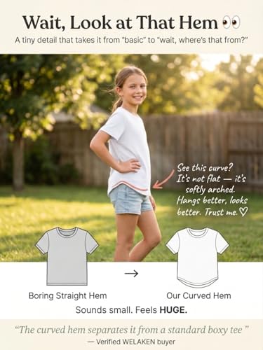 Image of WELAKEN Girls Soft T-Shirt with Curved Hem, Breathable Stretchy Rayon Crewneck Short Sleeve Tees, Kids Everyday Basic Top