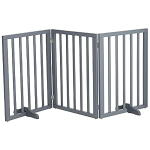 The Fellie Wooden Dog Gate Indoor Barrier with 2 Support Feet, Foldable Freestanding Safety Pet Gate, Retractable 3 Panels Doorway(139 W x 60.5 H, Grey)