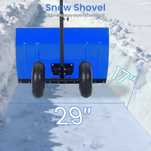 GarveeHome 29" Wheeled Snow Pusher for Driveway – Adjustable Height & 5-Angle Blade, Heavy-Duty Snow Removal Tool with Ergonomic Handle & 10" Traction Wheels for Sidewalks, Yards & Patios - Blue by GarveeHome - Image 4