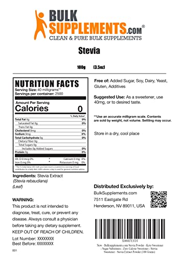 Bulksupplements.com Stevia Extract Powder - Sugar Substitutes - Zero Calorie Sweetener - Pure Stevia Powder - Sugar Substitute For Baking - Sugar Alternative - Keto Sweetener (100 Grams - 3.5 Oz) #TOP1