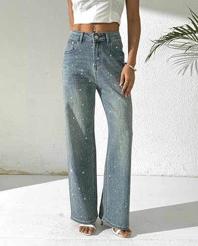 heipeiwa Women's Rhinestone Jeans Wide Leg Denim Pants High Waist Sparkle Shiny Glitter Sequin Trouser Outfit3