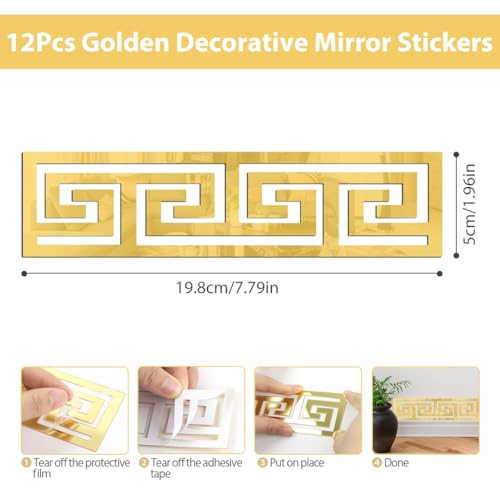 Image of HASTHIP 12Pcs Golden Decorative Mirror Stickers for Wall, Geometric Acrylic Wall Border Stickers, Versatile Mirror Frame Decor for Bedroom Bathroom Living Room Background Decor, 7.87x1.96 Inches