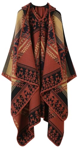 Women's Winter Vintage Hooded Shawl Wrap Open Front Poncho Cape Pashmina Jacquard Blanket Oversized Cardigan Coat