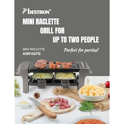 Bestron Raclette für 1 bis 2 Personen, Mini Tischgrill mit zwei Pfännchen, zwei Holzschabern & zwei Untersetzern, 350 Watt, Farbe: Titangrau – Bild 3