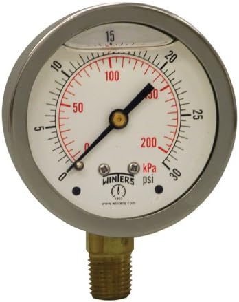 Winters Instruments - PFQ802 -802 PFQ Series Stainless Steel 304 Dual Scale Liquid Filled Pressure Gauge with Brass Internals, 0-30 psi/kpa,2-1/2" Dial Display, +/-1.5% Accuracy, 1/4" NPT Bottom Mount