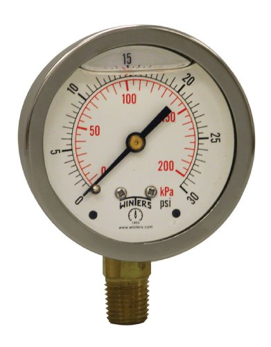 Winters Instruments - PFQ802 -802 PFQ Series Stainless Steel 304 Dual Scale Liquid Filled Pressure Gauge with Brass Internals, 0-30 psi/kpa,2-1/2