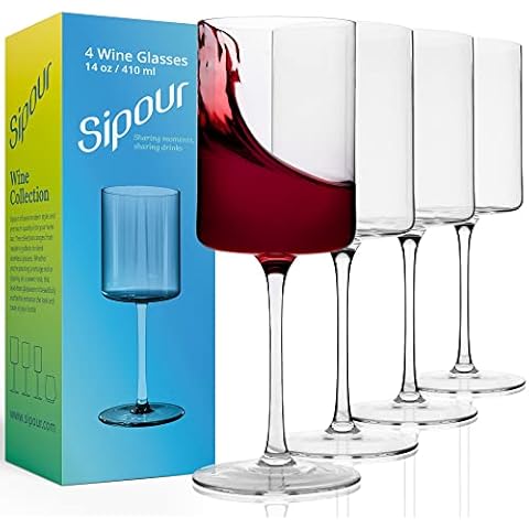 Square Wine Glasses Set of 4 - 14oz Crystal Wine Glasses - Elegant & Modern Long Stem Wine Glasses for White & Red Wine - Hand-Blown Lead-Free Large Wine Glass Cover