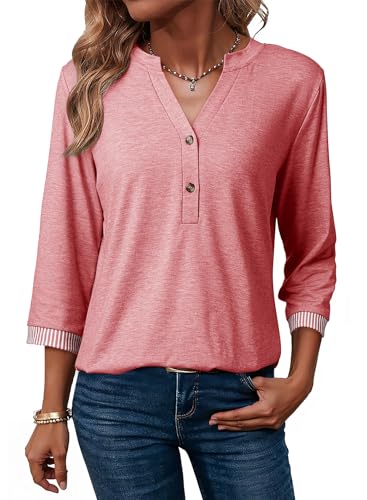 Dokotoo Womens Tops 3/4 Length Sleeve T-Shirts V Neck Button Down Dressy Casual Loose Basic Tee Blouses Fall Clothes