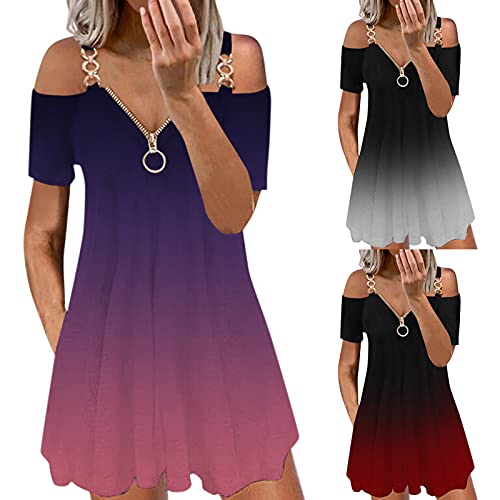 Balakie Women Summer Off The Shoulder Mini Dress Zipper V Neck Rhinestone Strap Short Sleeve Casual T-Shirt Swing Dress