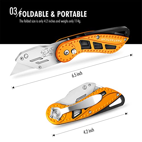 Fantasticar Folding Utility Knife Box Cutter With 5-Piece Extra Blades, Aluminum Body And Lock-Back Anti-Slip Handle (Orange) #TOP2