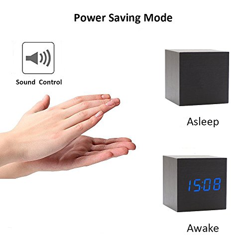 Onerbuy Wooden Digital Cube Alarm Clock Touch Sound Activated Desk Clock Portable Travel Clock With Lcd Display For Time, Temperature, Calendar, 3 Alarm Settings (Black) #TOP2