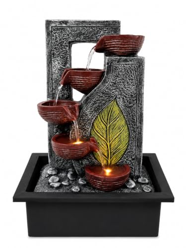 Image of CHRONIKLE Indoor Tabletop Water Fountain with Warm LED Light & Controller Pump | Green Leaf Designer 4 Diya Step Cascade Polyresin Waterfall Fountain for Home, Meditation| Silver Brown | 40x29.5x22 CM