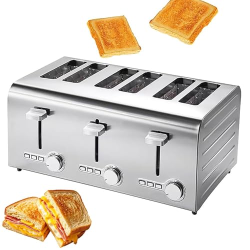 Commercial 6 Toaster - Extra Wide Slot Stainless Steel Toaster with 7 Browning Settings, Auto Pop Up, Independent Control, Defrost/cancel/reheat Functions & Removable Crumb Tray