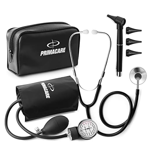 Primacare | DS-9199 Nurse Essentials Starter Kit with Handheld Travel Case | 3 Part Kit Includes Adult Aneroid Sphygmomanometer Blood Pressure Monitor, Stethoscope, Mini Diagnostic Otoscope | Black