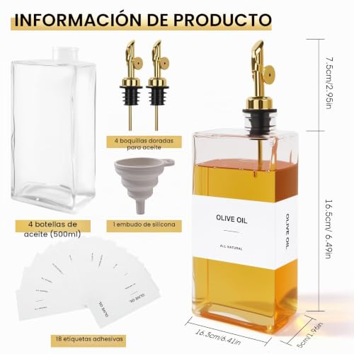 Miniatura 2 de Otauoaea Aceitera 500ml Dispensador De Aceite,4pcs Aceitera Antigoteo Cristal,Botellas De Aceitera Y Vinagrera,Aceiteras De Oliva Para Cocina,Aceitero Vertedor Automático Con Etiquetas Y Embudo-Glod