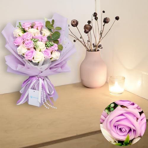 TOHAYO ソープフラワー 花束 茎付き バラブーケ 全五種類 長持ちで水やり不要 誕生日 母の日 敬老の日 退職 オリジナルBOX プレゼント用紙袋付き (ライラック) [4]