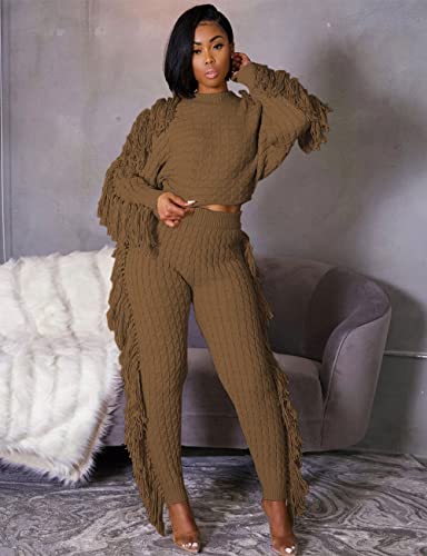 Image of KANSOON 2 Piece Sweater Set for Women Cable Knit Fringe Crop Top and Pants | Cozy feel, ribbed high waist, comfortable stretch fit for birthday and chilly going-out outfits