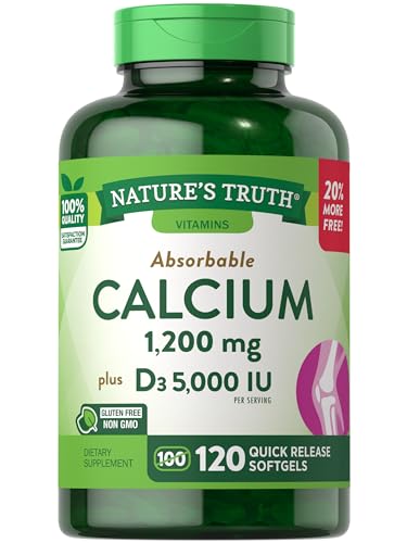 Absorbable Calcium 1200 mg with Vitamin D3 5000 IU | 120 Softgels | Calcium Carbonate Supplement | Non-GMO Gluten Free | Nature