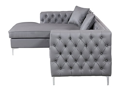 Iconic Home Da Vinci Tufted Silver Trim Grey Pu Leather Left Facing Sectional Sofa With Silver Tone Metal Y-Legs #TOP3