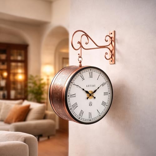Image of Handcrafted Double Side Metal Analog Vintage Wall Clock | 1.5 Year Machine Warranty | 12 INCHES | 1 Side Number 1 Side Roman,Color Copper Finish