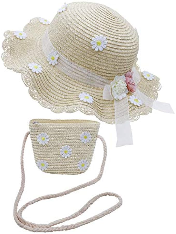 Bienvenu Girls Straw Hat Summer Beach Hats Straw with Pocket Set