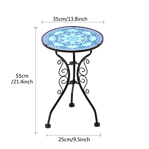 Lifoberstar Small Patio Side Table 21" End Table With 14" Blue Mosaic Glass Top Round Accent Table Bistro Balcony Coffee Tables Plant Stand For Livingroom Bedroom Indoor Outdoor Furniture #TOP2